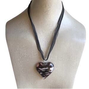 Glass Black Red White Heart Pendant Four Black Ropes Black Ribbon Necklace